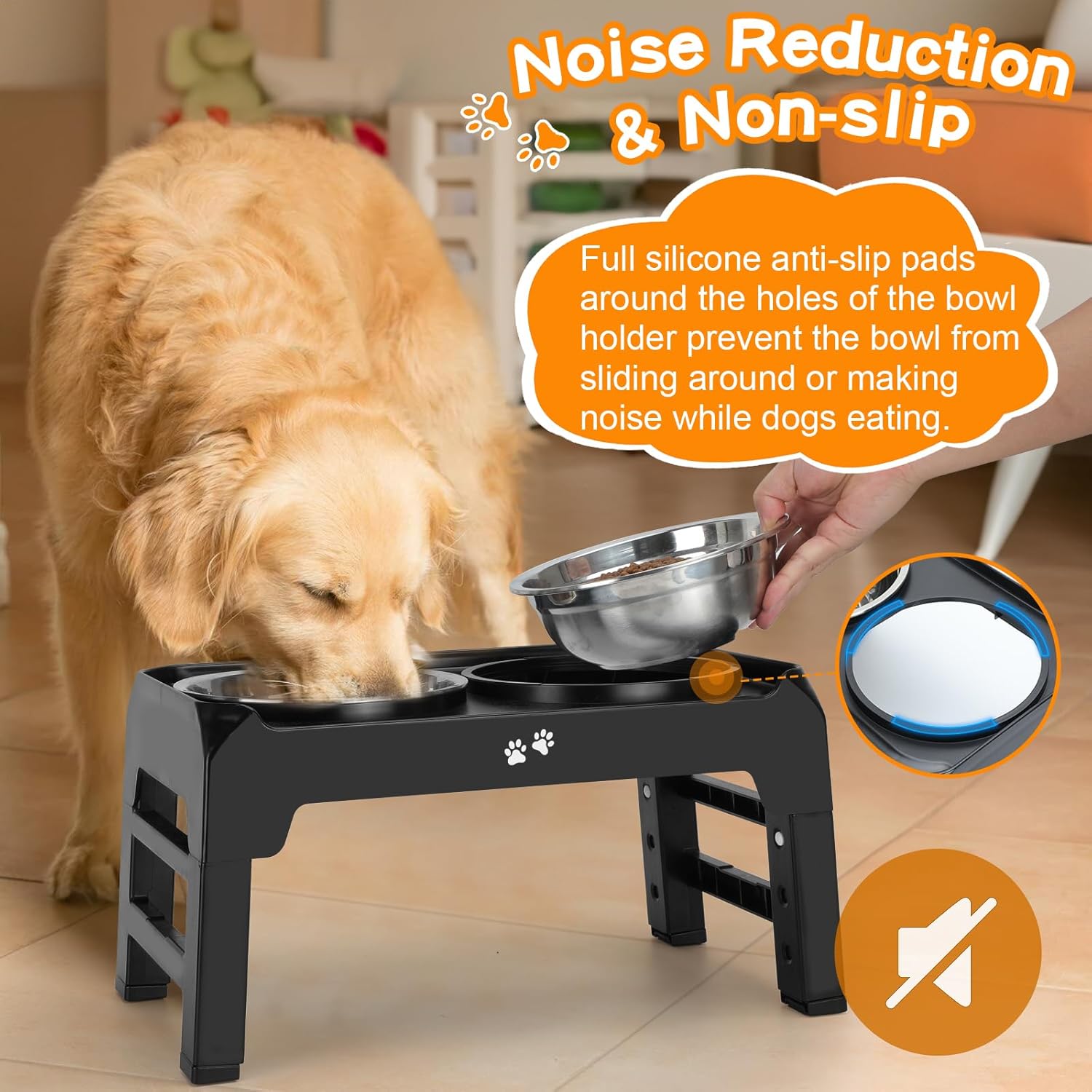 Elevated Dog Bowls, 4 Height Adjustable Raised Bowl Stand with 2 Thick 50oz Stainless Steel Food Bowls Non-Slip Feeder Adjusts to 3.7'', 9.2'', 10.75'', 12.36'' Black, (DB-W01) - Image 5