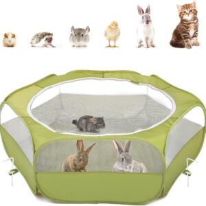 Pawaboo Small Animals Playpen, Waterproof Small Pet Cage Tent with Zippered Cover, Portable Outdoor Yard Fence with 3 Metal Rod for Chick/Kitten/Puppy/Guinea Pig/Rabbits/Hamster/Chinchillas,Green