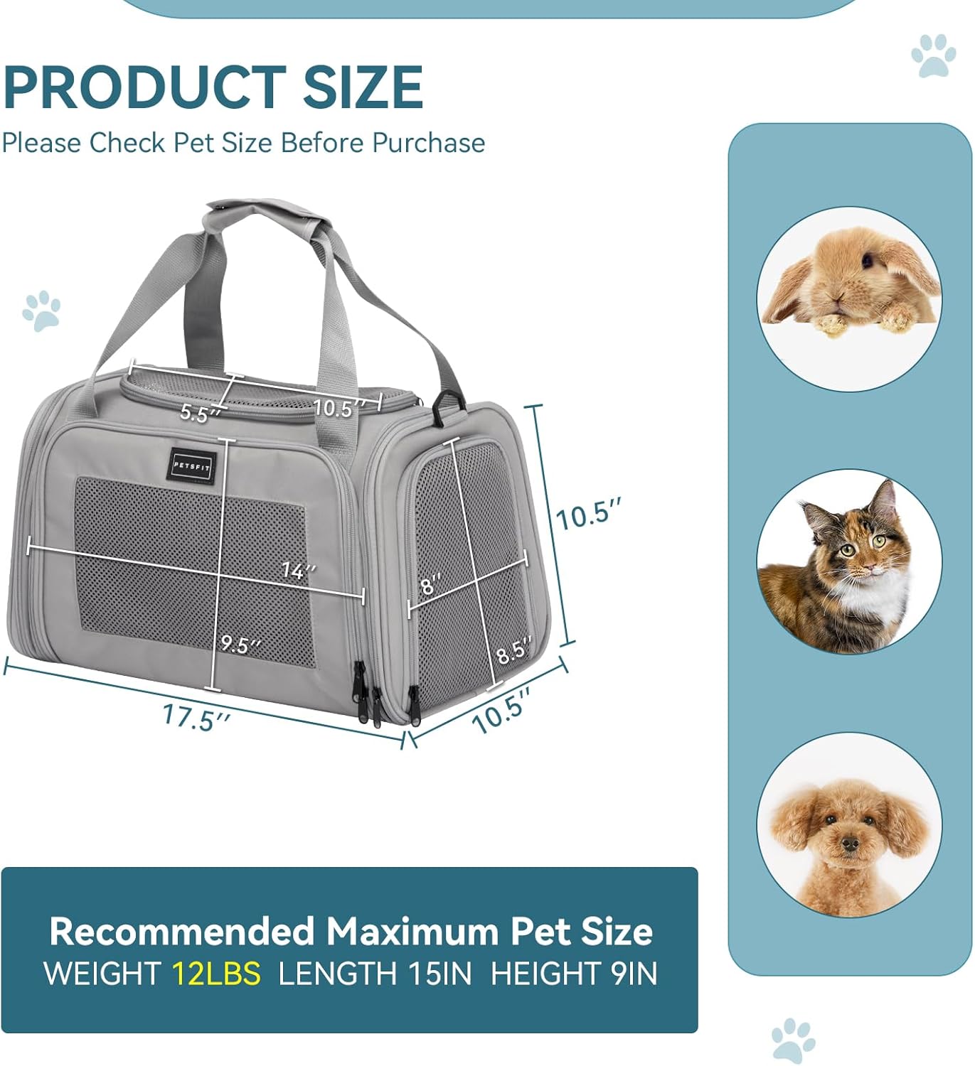 PETSFIT Cat Carrier Airline Approved, Soft Carrier for Small and Medium Cats Under 12 Lbs, Soft Cat Travel Bag, Kitten Carrier with Extendable Mat, Grey - Image 5
