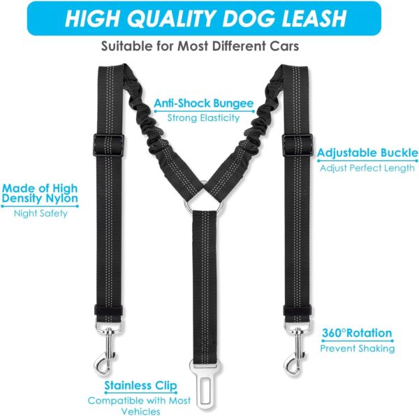 SlowTon Dog Seat Belt, Double Dog Seatbelt Adjustable Vehicle Safety Leash with Elastic Bungee Buffer, Reflective No Tangle Y Shape Two Dog Harness Seat Belt Splitter for Pets Car Trip (Black, M) - Image 3