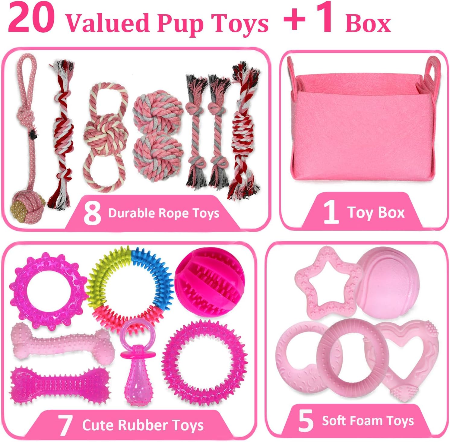 Puppy Toys Set - 20 Pack Pink Dog Chew Toys for Teething Small Breeds - Tough Rope Toys for Puppies, Cute Soft Rubber Toys Bundle with Basket for Girl Pets - Image 2