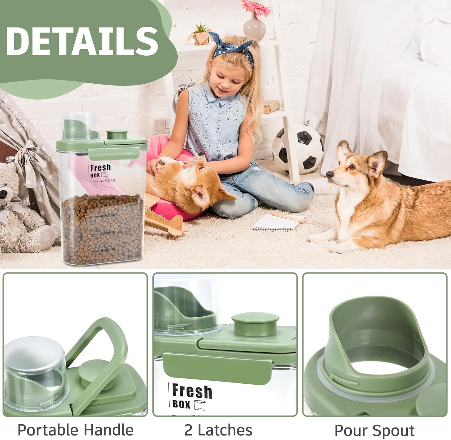 Dog Food Storage Container 2-5 lbs, Airtight Cat Food Container with Large Spout and Measuring Cup, Portable Travel Pet Food Holder Bin, HIidden Hand Food Dispenser for Pets(Light Green) - Image 3