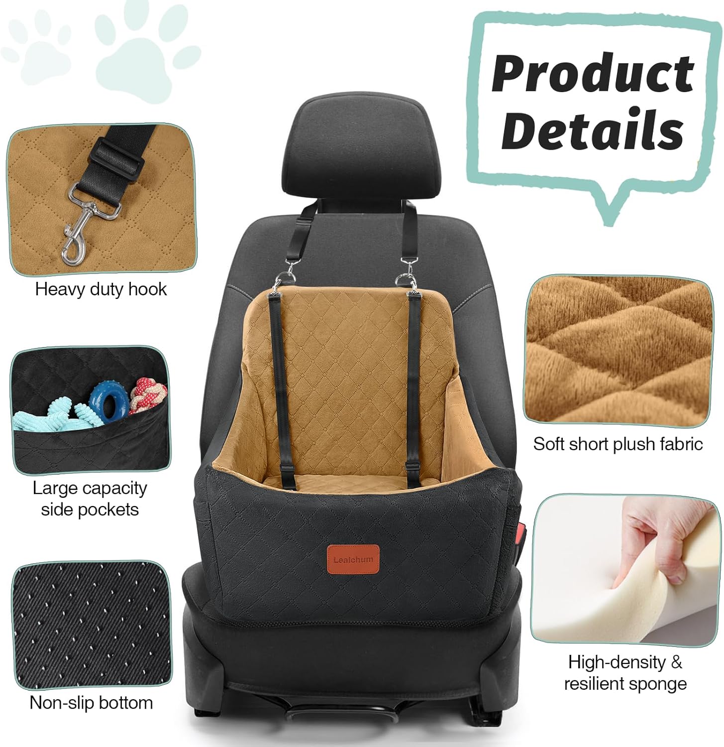 Dog Booster Car Seat for Up to 35lbs Pets,Easy to Install,Fully Detachable and Washable,Anti-Slip Base,Snug Puppy Car Seat with 2 Clip-On Leashes(Black/Coffee,Medium) - Image 2