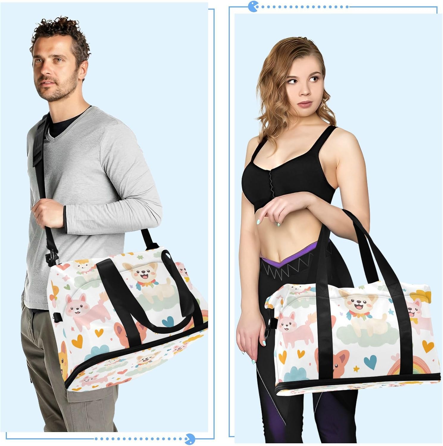 Cartoon Cute Colorful Dog Rainbow Sports Tote Gym Bag Travel Weekender Gear Bag with Adjustable Strap for Yoga Waterproof - Image 6