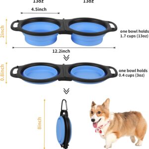 Collapsible Dog Bowls, Portable Travel Pet Feeder Bowl, 2 in 1 Expandable Silicone Pet Food & Water Double Bowl, Cat Feeder Dish with Carabiner for Walking, Traveling, Hiking, Camping