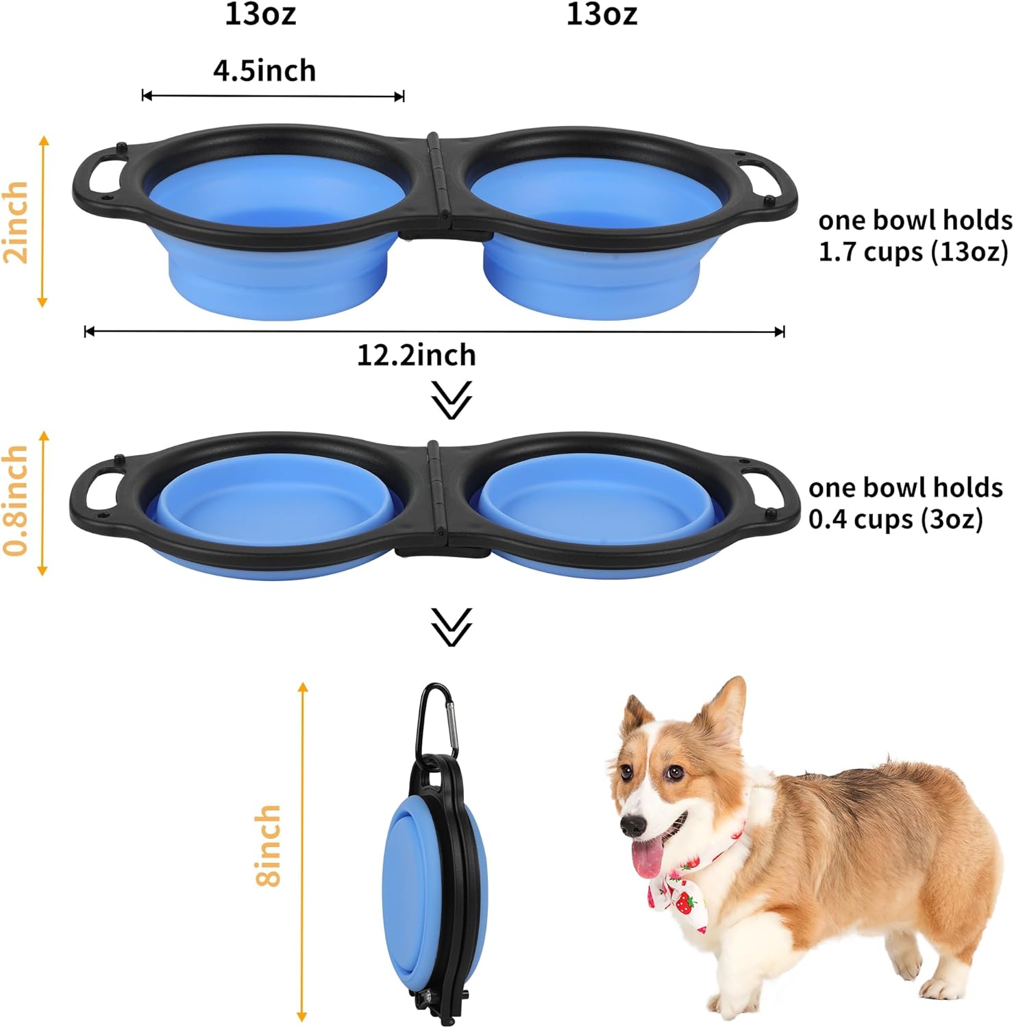 Collapsible Dog Bowls, Portable Travel Pet Feeder Bowl, 2 in 1 Expandable Silicone Pet Food & Water Double Bowl, Cat Feeder Dish with Carabiner for Walking, Traveling, Hiking, Camping - Image 2