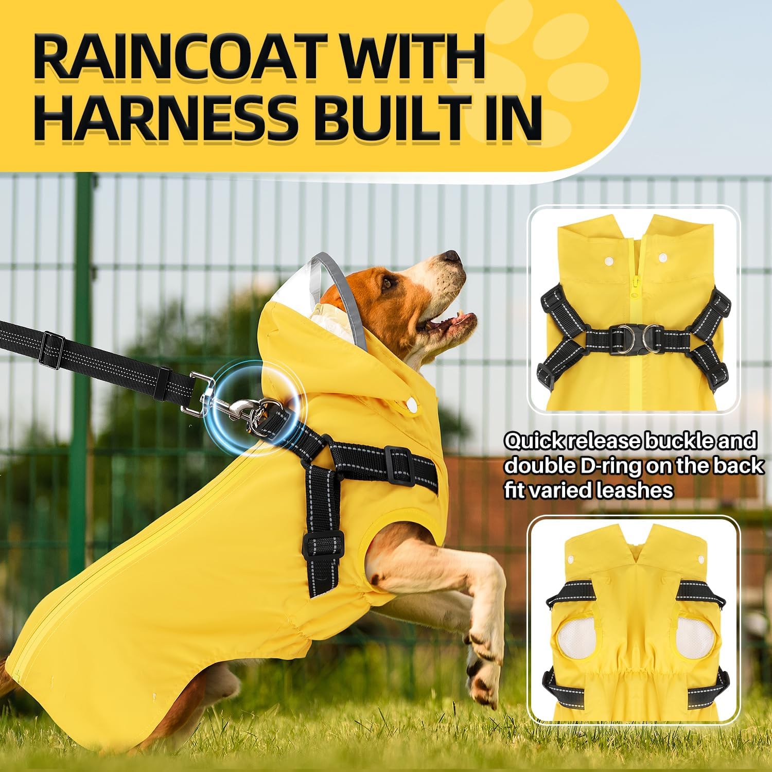 Lukovee Dog Raincoat - Waterproof Rain Jacket with Harness & Removable Hood, Reflective Double Layer Dog Rain Coat Poncho for Small Medium Large Dogs Puppy (S, Yellow) - Image 3