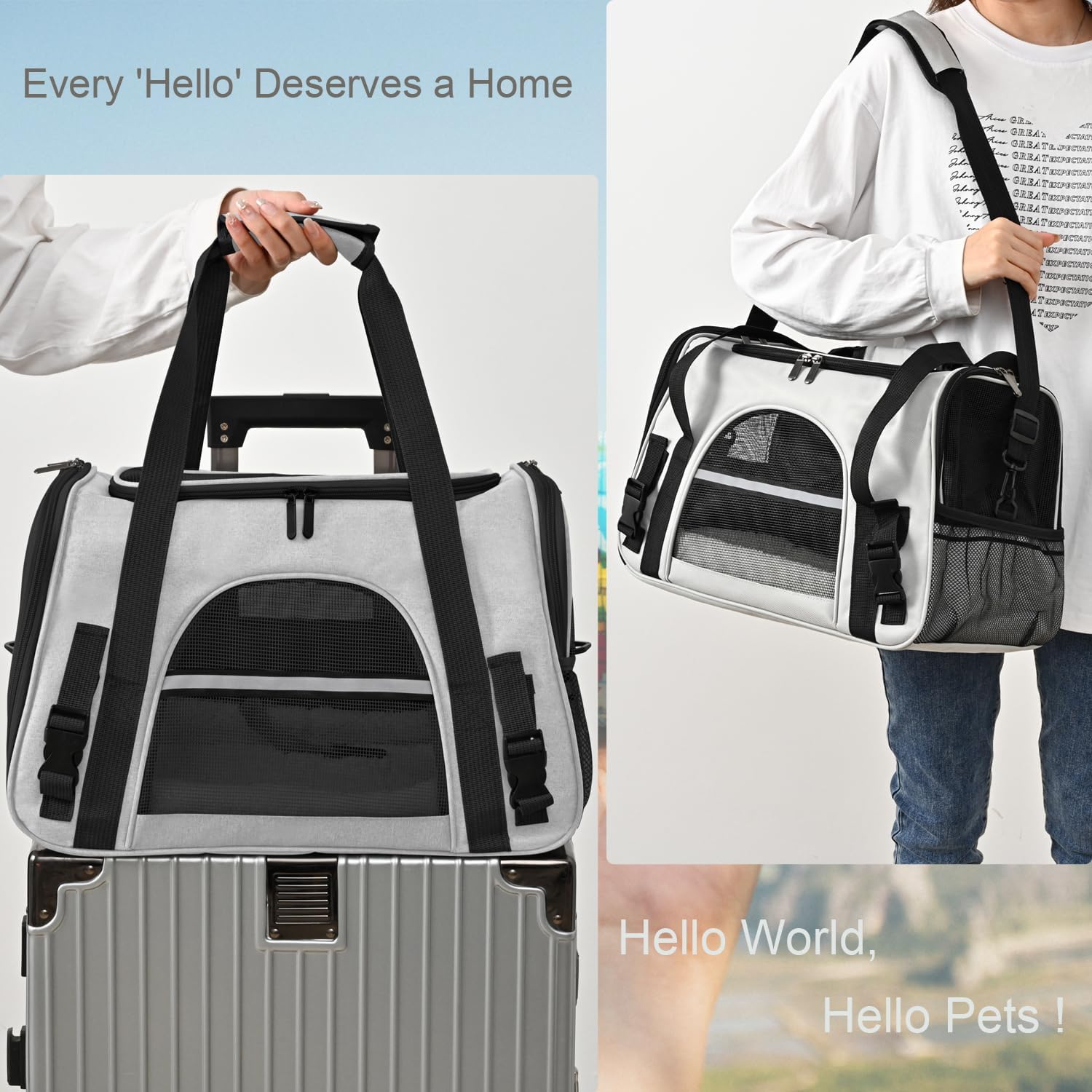 Dog Cat Carrier Soft for Small Pet Up to 16 Lbs TSA Airline Approved Travel Carrier Collapsible Puppy Car Mesh Bag 17.5 * 10.2 * 11.4 inch - Grey & Black - Image 4