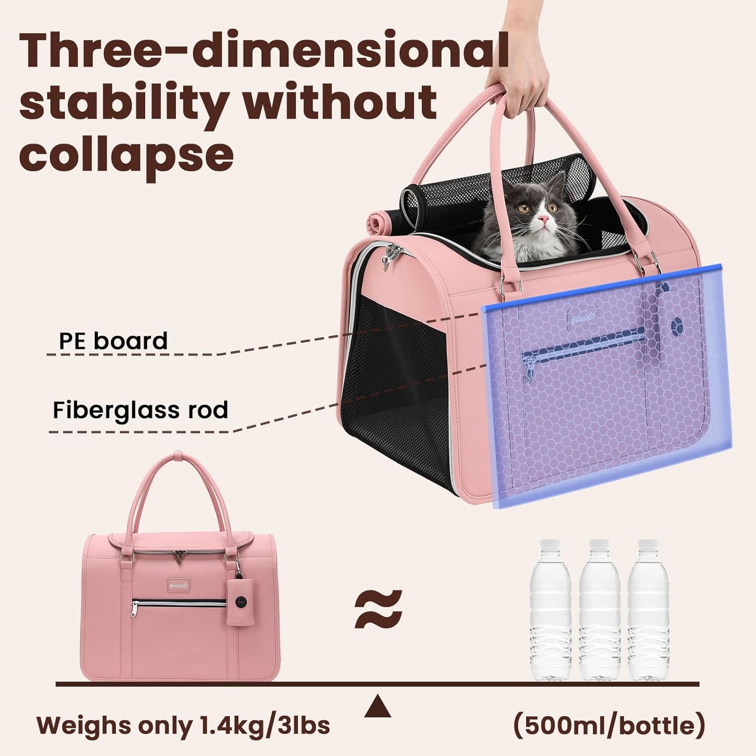 Pecute Stylish Cat Carrier Up to 13lbs, Soft Sided Small Dog Travel Carriers, Collapsible Pet Carrier for Small Cats and Dogs with Locking Safety Zippers, Puppy Carrier Airline Approved -Pink - Image 2