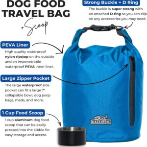 Callieco Dog Food Travel Bag w/ 1 Cup Scoop and Zipper Side Pocket | Waterproof Kibble Storage Container for Home, Road Trips, Camping, Boarding and More (Blue, 32 Cups)