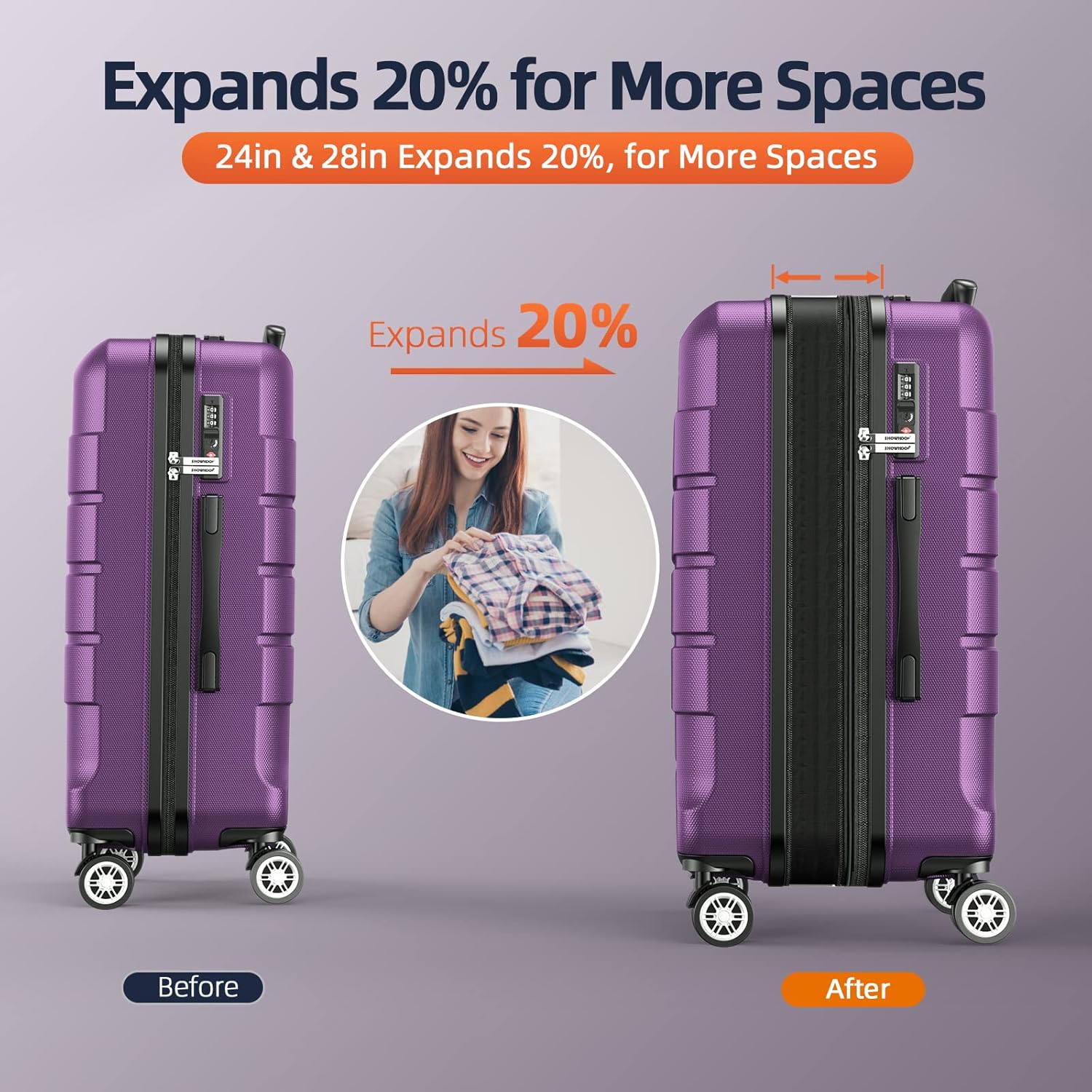 SHOWKOO Luggage Sets Expandable PC+ABS Durable Suitcase Sets Double Wheels TSA Lock 4 Piece Luggage Set Purple - Image 4