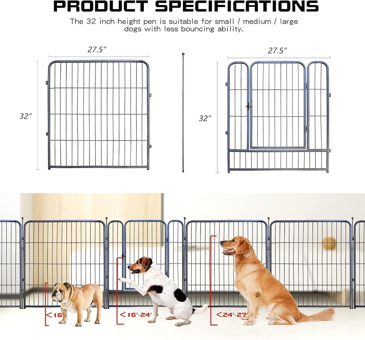 Dog Playpen,32/40/45 Inch Height in Heavy Duty, Folding Indoor Outdoor Anti-Rust Dog Exercise Fence, Portable Pet Playpen with Door for Large Medium Small Dogs and Pet (16 Panels, 32 Inch) Silver - Image 3