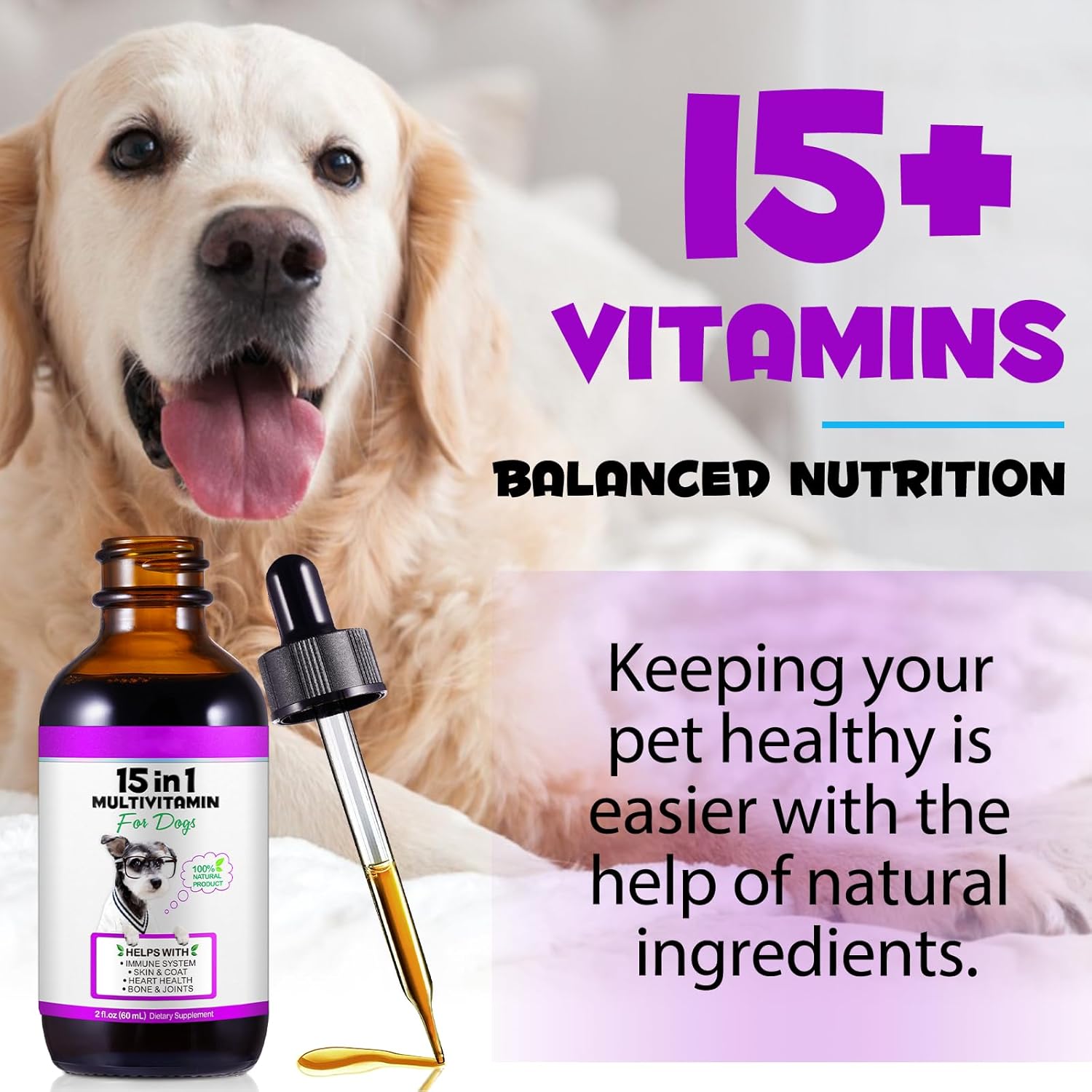 Dog Multivitamin,15 in 1 Dog Multivitamin Liquid Drops Supplements, Dog Vitamins for Heart Health, Bones, Joint, Skin & Coat, Bladder, Immune System Support 60ml - Image 5