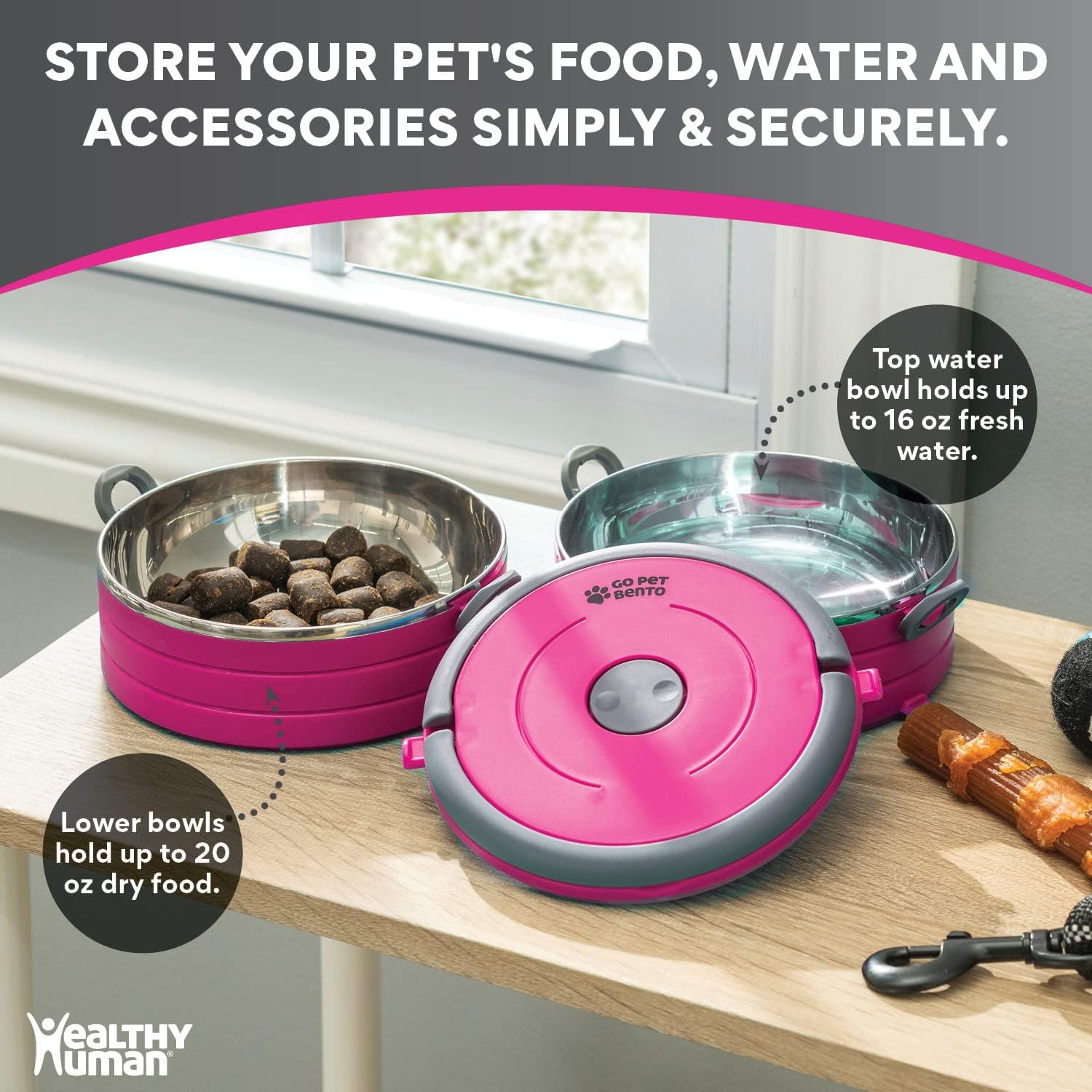 Healthy Human Travel Pet Bento Bowls - Human-Grade Stainless Steel & BPA-Free, Leak-Proof Water & Food Container Set for Dogs & Cats, 2-Pack Interlocking Bowls, Includes Spare Clips & Handle (Pink) - Image 6