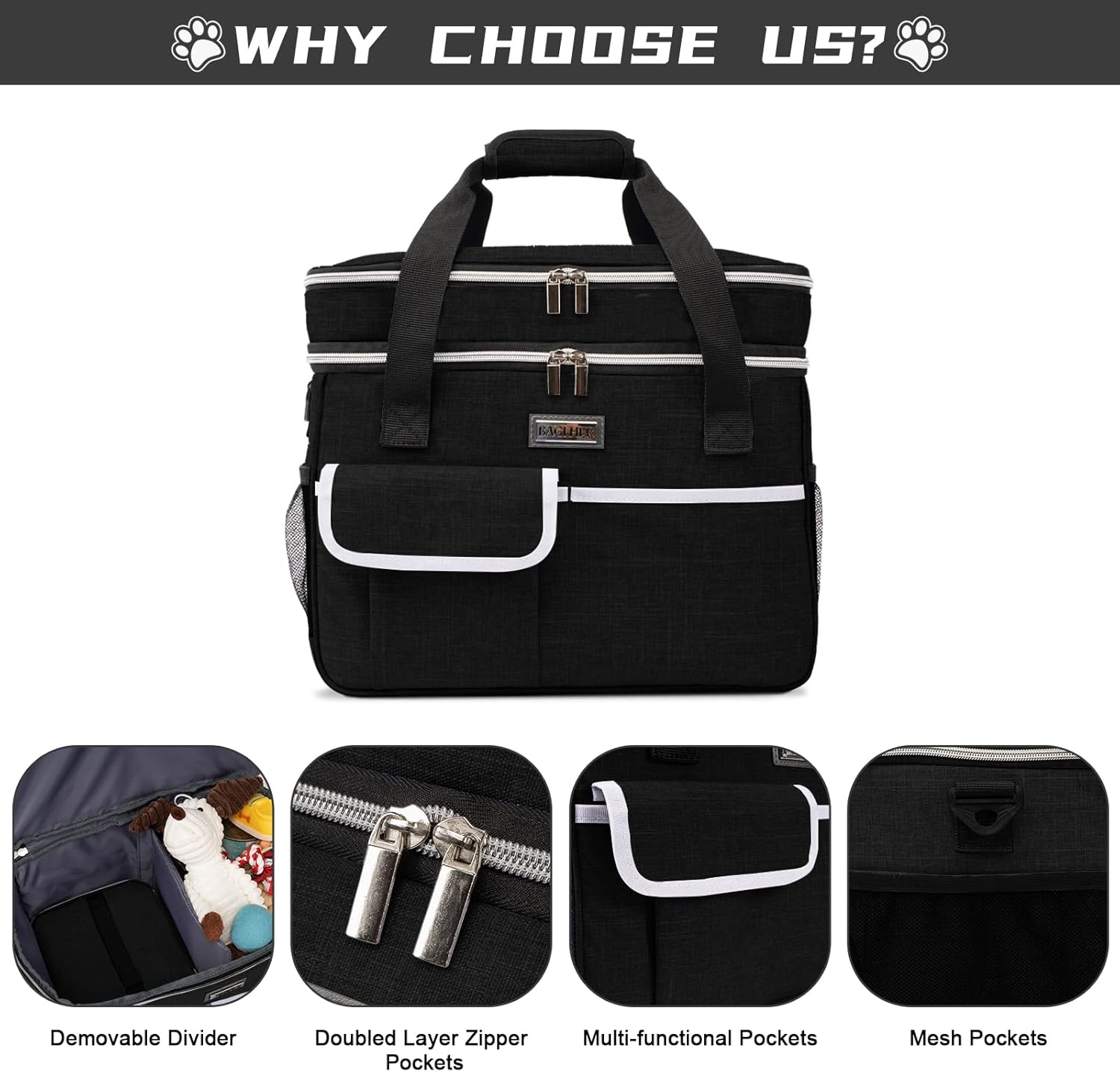 BAGLHER Dog Travel Bag for Supplies - Double-Layer Airline Approved Weekend Pet Travel Organizer Set for Dog and Cat Tote with 2 Pet Food Containers and 2 Collapsible Silicone Bowls Black - Image 4