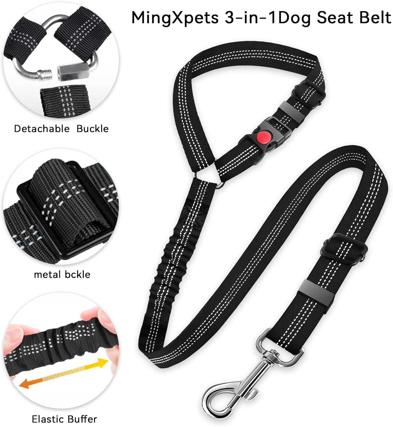 Dog Seat Belt for car, 3 Piece Set Retractable Dog Car Harness 2 Pack Adjustable Seatbelt for Dog in car, Nylon Pet Safety Seat Belts Tether Heavy Duty and Reflective car Leash, Black - Image 2
