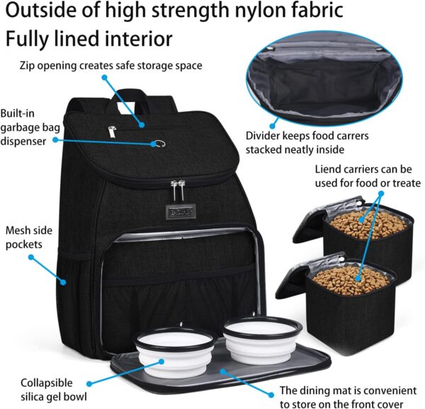 BAGLHER丨Dog Travel Bag, Airline Approved Pet Supplies Backpack, Dog Travel Backpack Accessories Set with 2 Silicone Collapsible Bowls and 2 Food Baskets. Black - Image 4