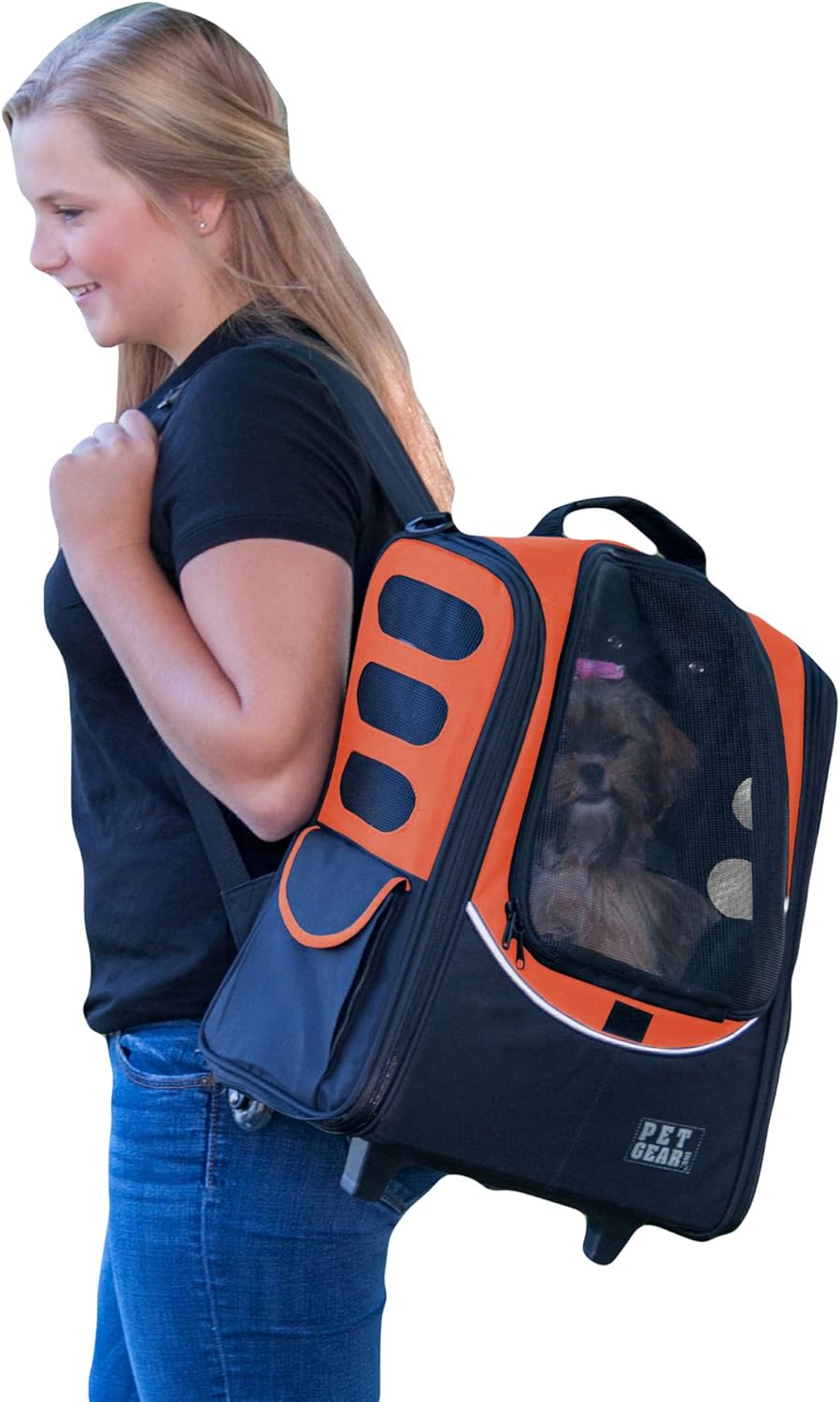 Pet Gear I-GO2 Escort Roller Backpack, Travel Carrier, Car Seat for Cats/Dogs, Mesh Ventilation, Included Tether, Telescoping Handle, Storage Pouch, Burnt Orange - Image 4