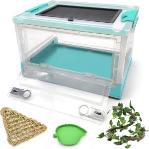 Hamiledyi Collapsible Gecko Tank Starter Kits, Reptile Travel Carrier 15.6" x 11.6" x 9.4" Small Portable Habitat Cages for Leopard Gecko, Bearded Dragon, Snake, Tortoise（Blue）