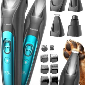 oneisall Quiet Dog Clippers for Grooming LED Light, Cordless Dog Grooming Kit 4 in 1, 2000mAh Pet Clippers Paw Trimmer Nail Grinder for Paw, Nail, Face, Ears, Legs, Body