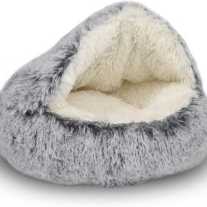 ShinHye Cat Bed Round Plush Fluffy Hooded Cat Bed Cave, Cozy for Indoor Cats or Small Dog beds, Soothing Pet Beds Doughnut Calm Anti-nxiety Dog Bed - Waterproof Bottom Washable (20×20inch, Grey)