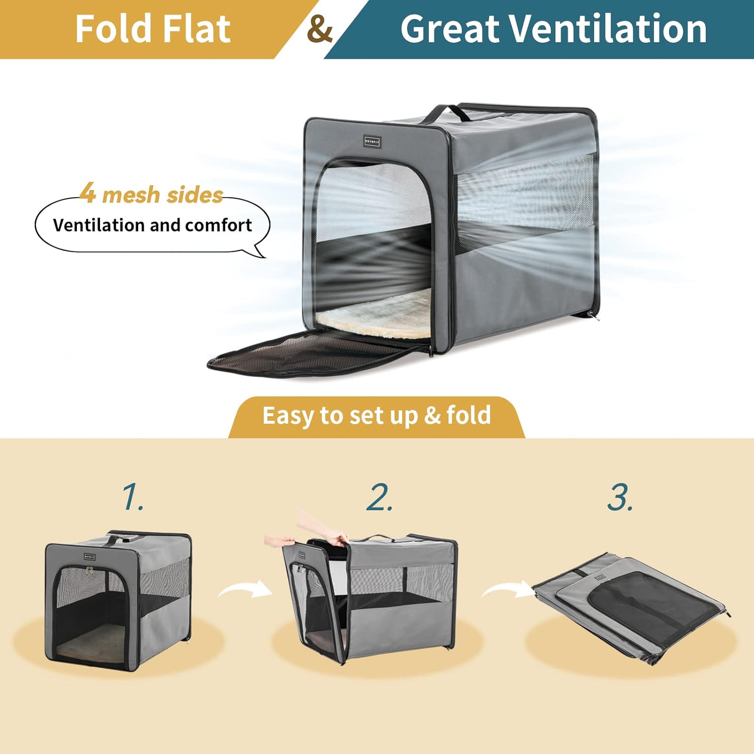 PETSFIT Portable Dog Crate, Travel Dog Crate - 24 Inch with Thicken Mat, Easy to Fold, Sturdy and Portable, Perfect for Traveling, Soft Dog Kennel Grey - Image 4