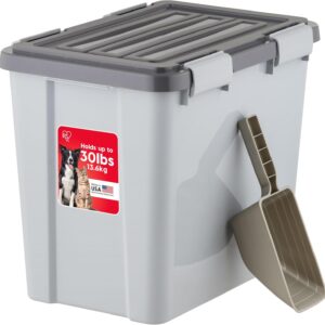 IRIS USA Stackable Dog Food Storage Container with 2 Cup Scoop, 4 Secure Latches, Fits up to 30 lbs, Pet Dry Food Bin, Gasket Seal Lid, BPA Free, Stackable, Easy Measure, Gray/Dark Gray