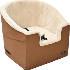 Amazon Basics Pet Car Booster Bucket Seat for Small Pets up to 25lbs, Machine Washable Cover, Clip-On Safety Leash, 18" x 18" x 16", Tan