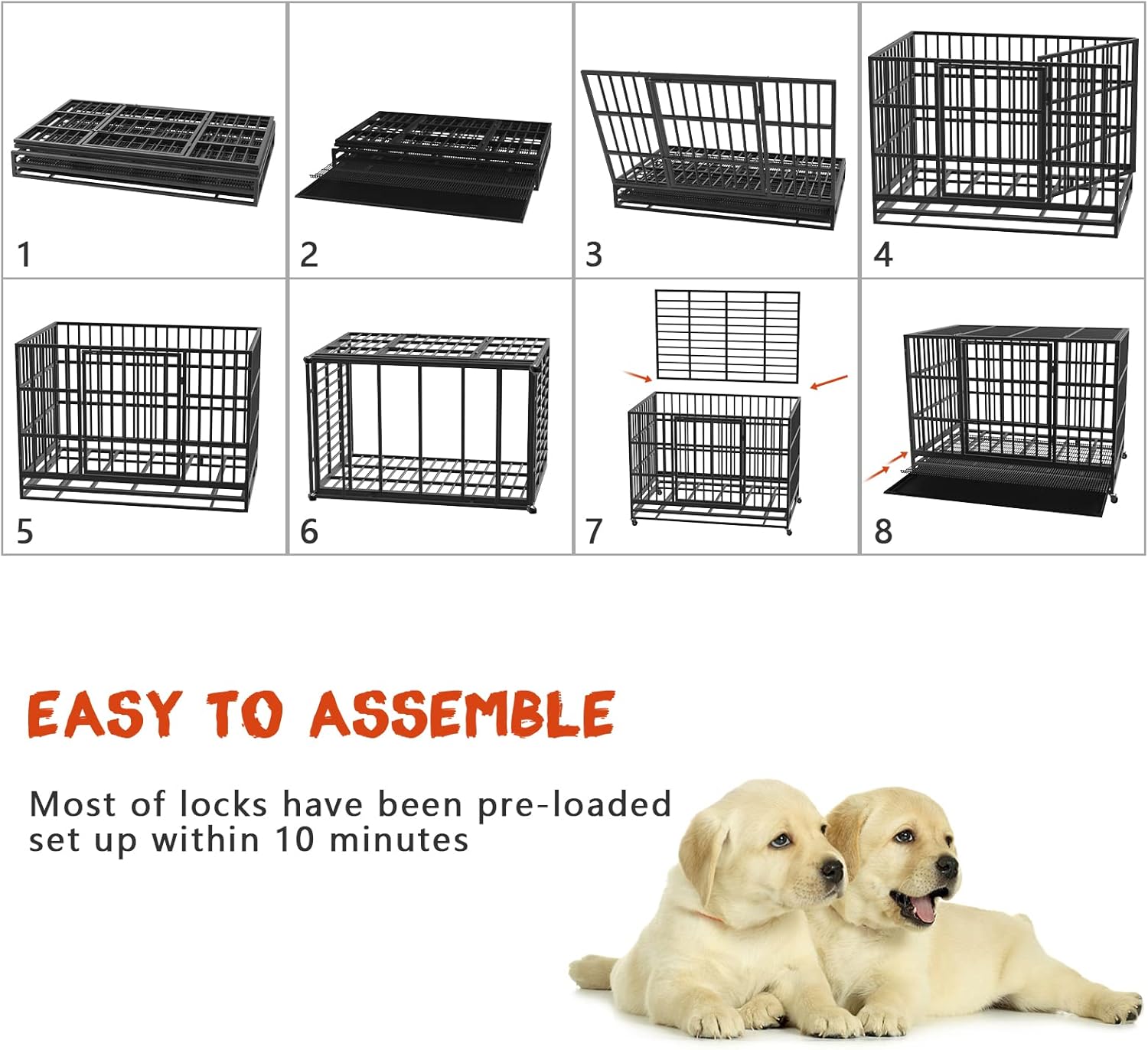 LEMBERI 48/38 inch Heavy Duty Indestructible Dog Crate, Escape Proof Dogs Cage Kennel with Lockable Wheels,High Anxiety Double Door Kennel,Extra Large Crate Indoor for Large Dog with Removable Tray - Image 8