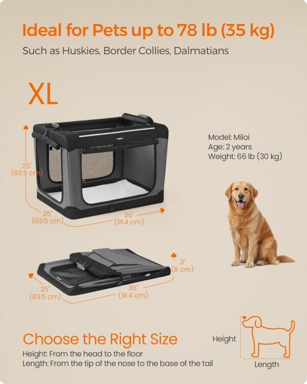 Feandrea Collapsible Dog Crate, 36-Inch Portable Dog Travel Crate for Large Dogs, Oxford Fabric Pet Carrier with 4 Mesh Doors, Handles, Storage Pocket, Water Bottle Holder, Ink Black UPDC019B01 - Image 6