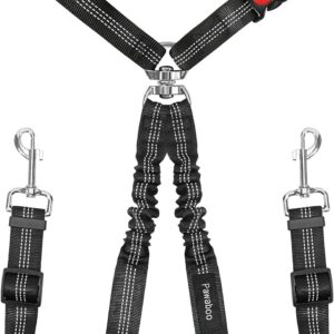 Pawaboo Dog Seat Belt for Car, Pet Car Seatbelt Headrest with Dual Leash, 360° No Tangle Dogs Cars Tethers for 2 Dogs with Shockproof Elastic Bungee, Adjustable Dog Cars Harness with Reflective Strips
