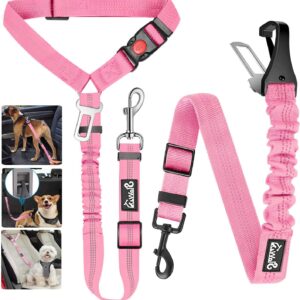 Lukovee Dog Seatbelt Leash for Cars, 2 Pack Pet Safety Seat Belt with Adjustable Buckle & Reflective Bungee, Connect Dog Harness in Vehicle Dogs Restraint Travel Daily Use (Pink)