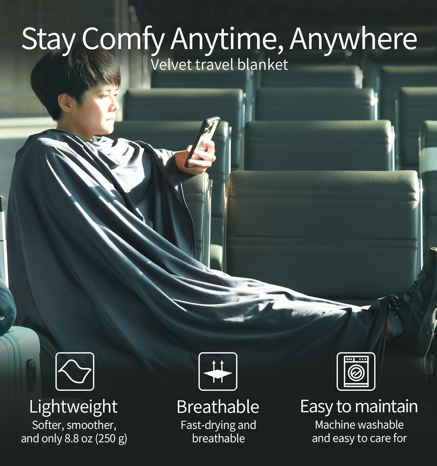 Travel Blanket Lightweight and Breathable, 67 x 48 in Soft Airplane Flight Blanket for Travelers, Foldable Camping Sheet with Stuff Sack for Train, Camp, backapcking, office, home (Velvet E650) - Image 3