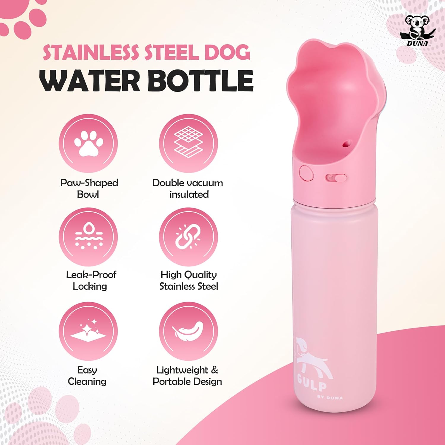 Gulp by Duna 18oz Insulated Stainless Steel | Travel Dog Water Bottle with Paw-Shaped Bowl, Leakproof | Portable with Carry Strap for Outdoor Walking, Hiking & Pet Hydration On-The-Go | Pink - Image 2