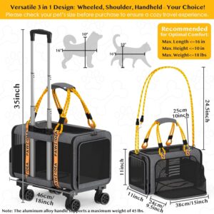 PAWZIDEA Pet Carrier with Wheels, 18x11x11 TSA Airline Approved Cat Carrier for 2 Cats Under Seat, Expandable Soft-Sided Dog Carrier for Small Dogs Rolling Travel Bag with Telescopic Handle, ID Card