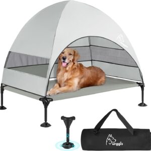 Upgraded Elevated Dog Bed with Canopy, Portable Raised Outdoor Dog Bed with Stable Anti-Slip Feet, Removable Wider Shade, Raised Dogs Cot for Large Pets Camping, Indoor & Outdoor Use