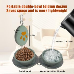 2-in-1 Collapsible Silicone Pet Bowl Double Compartment Portable Dog Cat Dish with Carabiner Clip for Travel Camping Hiking (Green)