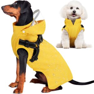 Lukovee Dog Raincoat - Waterproof Rain Jacket with Harness & Removable Hood, Reflective Double Layer Dog Rain Coat Poncho for Small Medium Large Dogs Puppy (S, Yellow)
