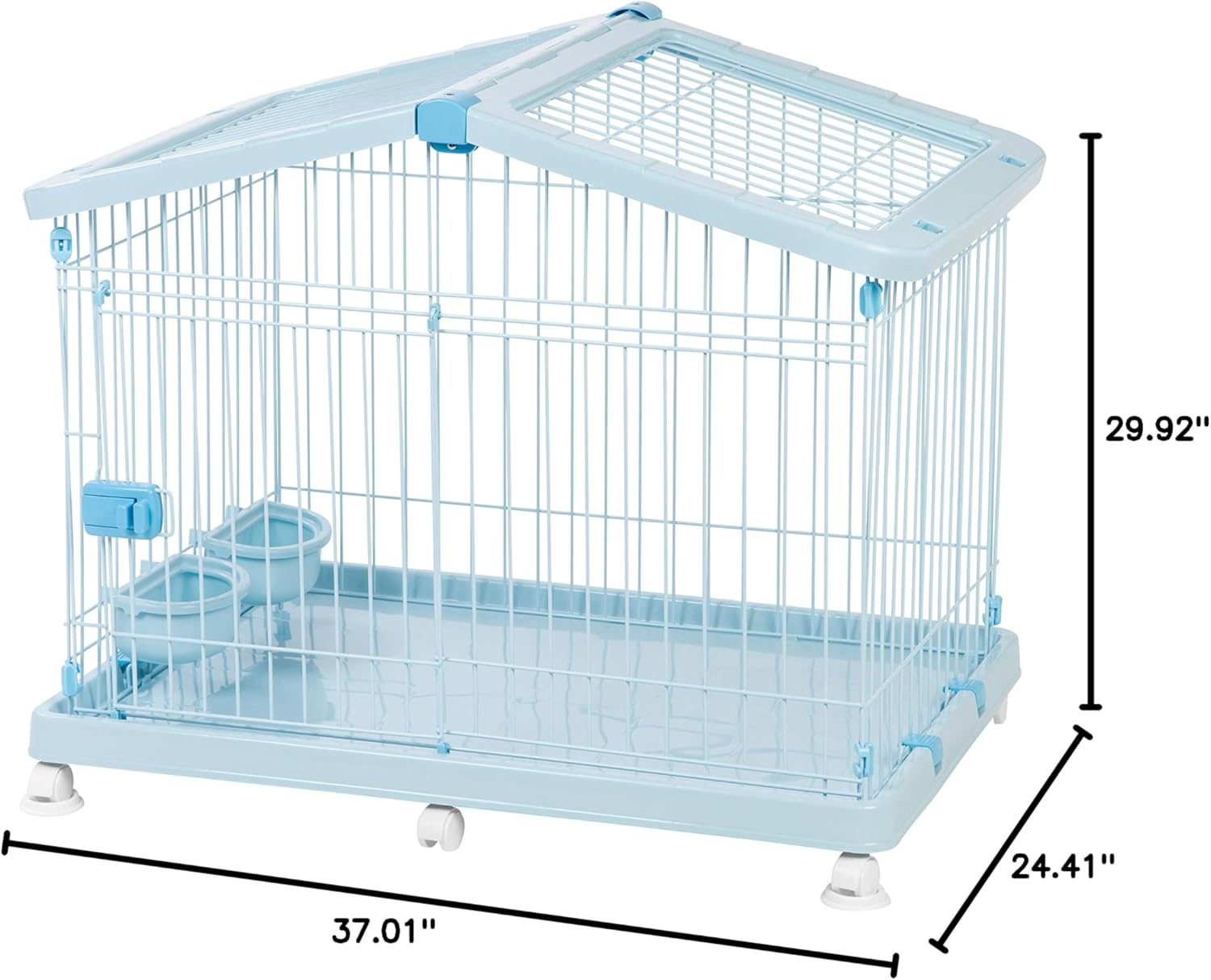 IRIS USA Wire Pet Crate Portable with Top Access and Wheels, Easy Assembly Movable Floor Protection Small Pet Crate with Food and Water Dishes for Cats Puppy Small Animals, Blue - Image 2
