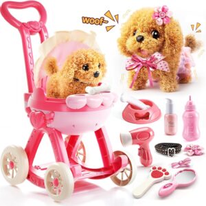 14PCS Dog Toys for Kids Girls,Electronic Pretend Puppy Stroller Playset for Toddler,Walking Barking Dog Toy & Feeding Accessories,Birthday Gift for Girls Boys Age 3 4 5 6 7 8 Year Old.