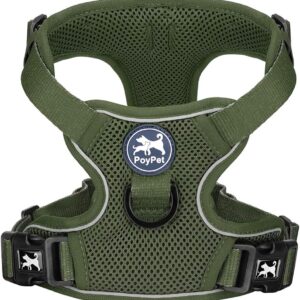 PoyPet Reflective Soft Breathable Mesh Dog Harness Choke-Free Double Padded Vest with Adjustable Neck and Chest(Military Green,S)