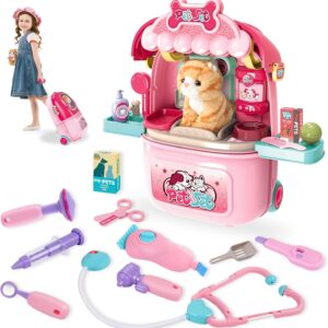 MAGIC4U Pet Cat Care Carrier Suitcase Toy, 29PCS Vet Clinic and Doctor Kit for Kids, Pet Kitty Grooming Feeding Toys, Veterinarian Pretend Play Set, Gifts for Boys and Girls Ages 3-12