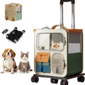Cat Carrier with Wheels, Soft Rolling Pets Carrier Collapsible on Wheel Pet Handbag Cats Backpack, Dog Carriers up to 25 LBs Removable Cat Bag for Small Dogs Medium Cats Outing(NOT for TSA)
