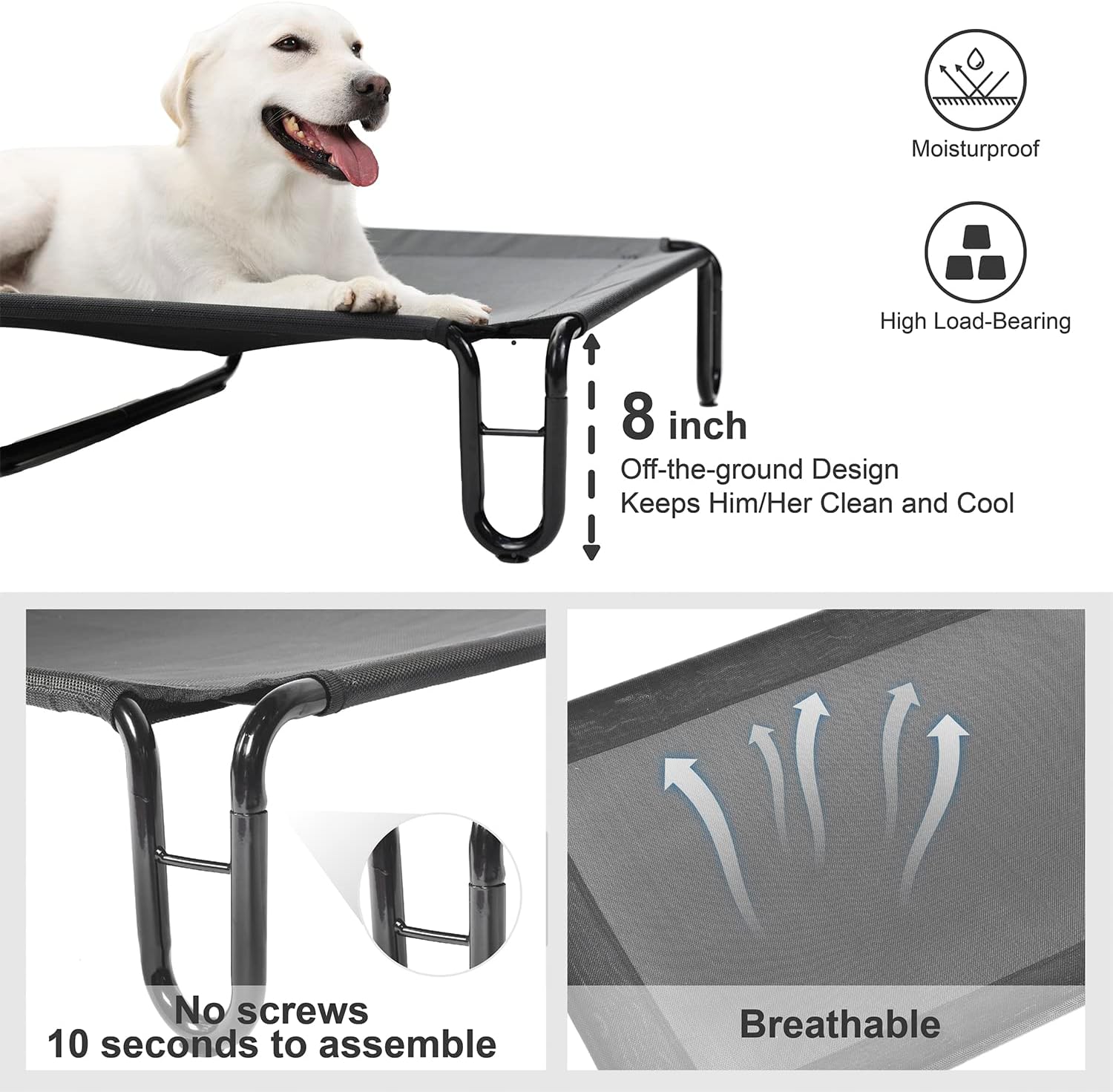 pettycare Elevated Outdoor Dog Bed - Dog Cots beds for Large Dogs XL, Waterproof Raised Dog Bed Easy to Assemble, Cooling Elevated Dog Bed with Teslin Mesh, Durable, Non Slip, Up to 85 lbs,Black - Image 3