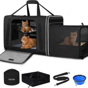 Petskd Side Expandable Extra Large Cat Carrier with Litter Box Area, 24"x17"x17" Soft-Sided Pet Carrier for 2 Cats Under 55 lbs with Zipper Locks for Car Travel(Black)