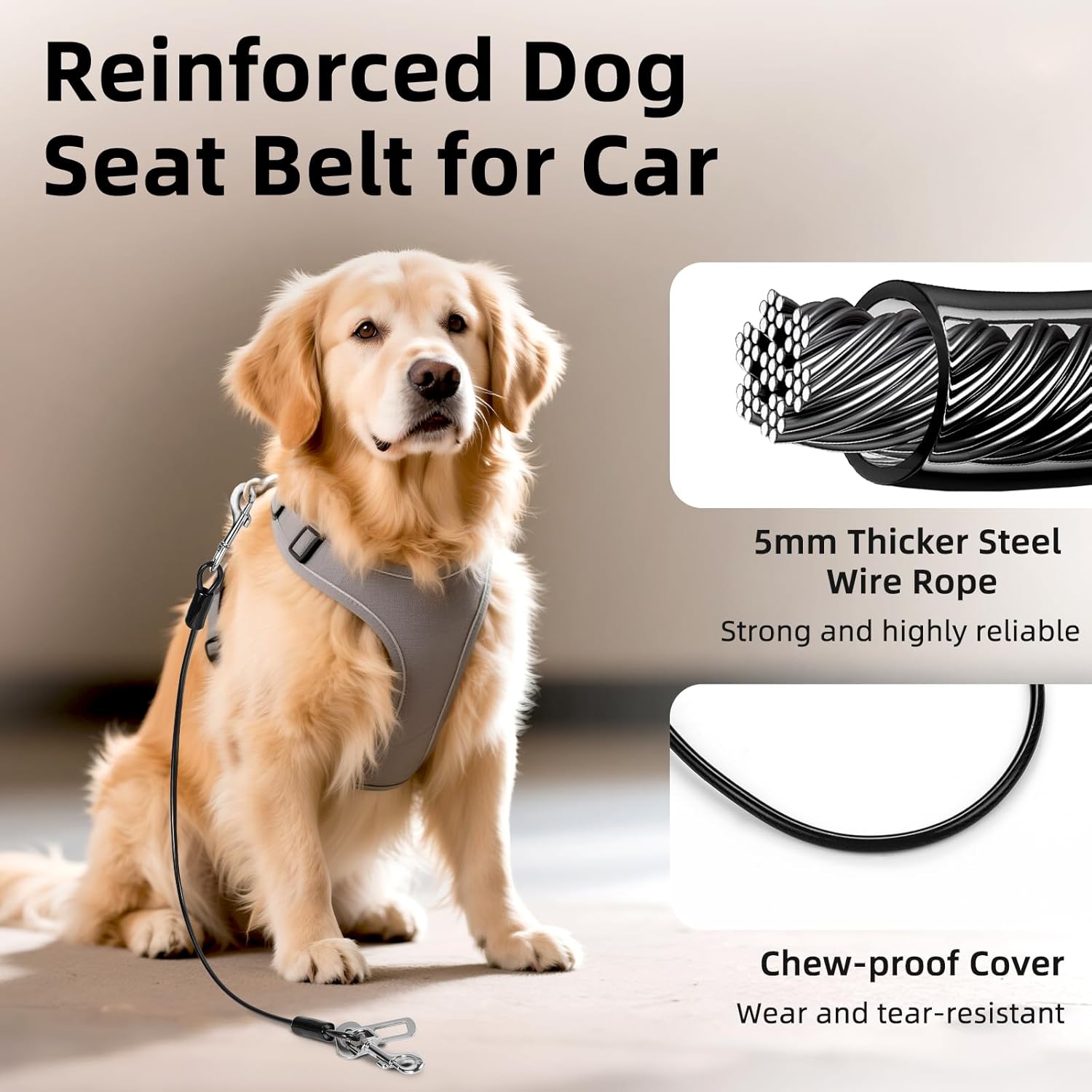 Dog Seat Belt for Car, 32" Chew-Proof Coated Wire Dog Car Leash Seat Belt, Dog Leash with Buckles and Latch, Safety Harness for Small, Medium, Large Dog or Cat, Travel, Black, 1 Pack - Image 2