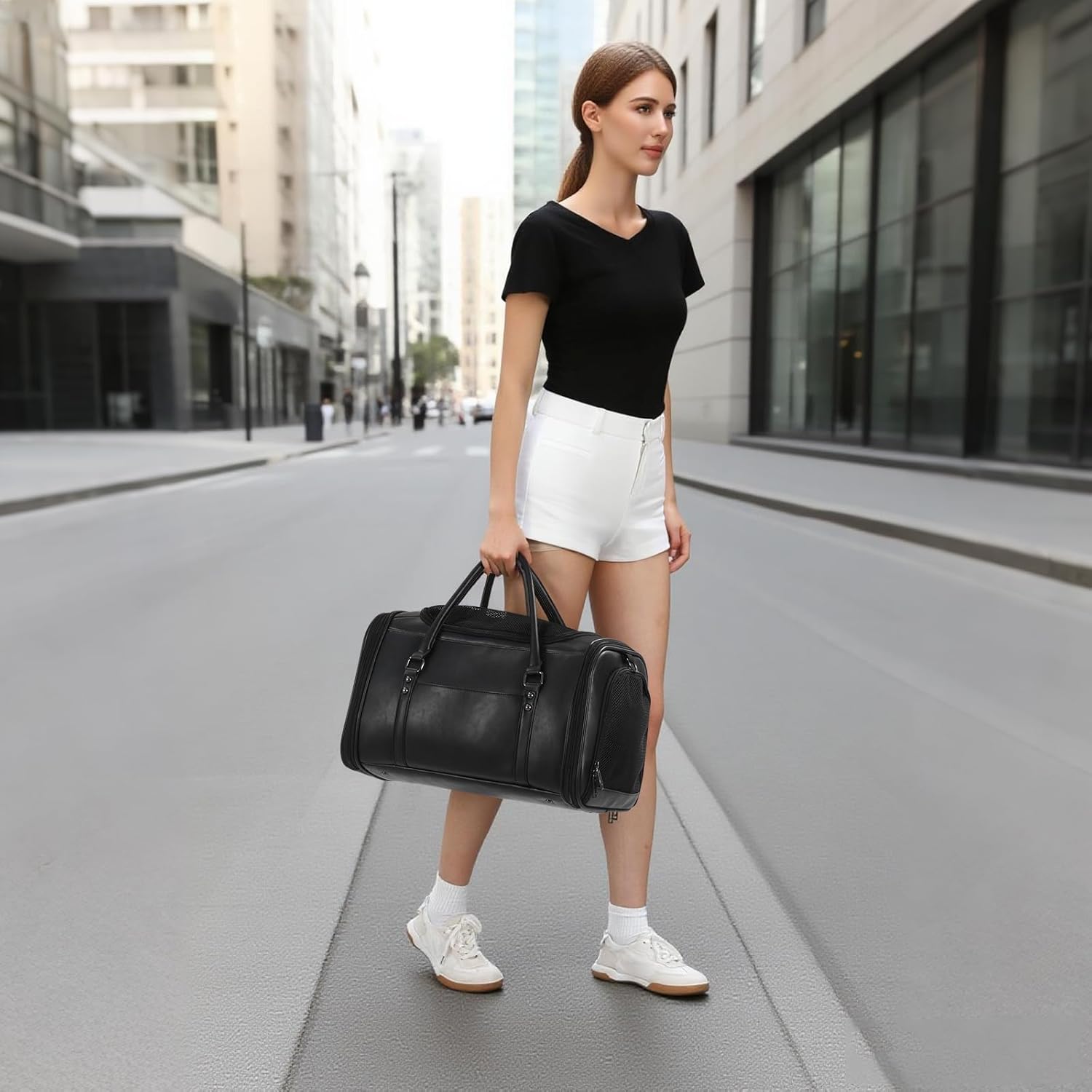 Stylish Leather Pet Carrier for Small Dogs and Cats Up to 15 lbs, Airline Approved Lightweight Travel Tote with Breathable Mesh and Shoulder Strap Black - Image 7