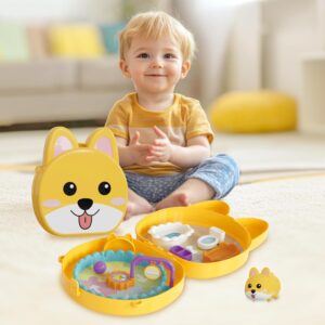 Portable Dog House Toy Playset – Simulated Pet Care with Bath Set, Feeding Set & Electronic Dog | Travel Toy with Handle & Crossbody Strap | Gift for Kids & Toddlers Ages 3-8+