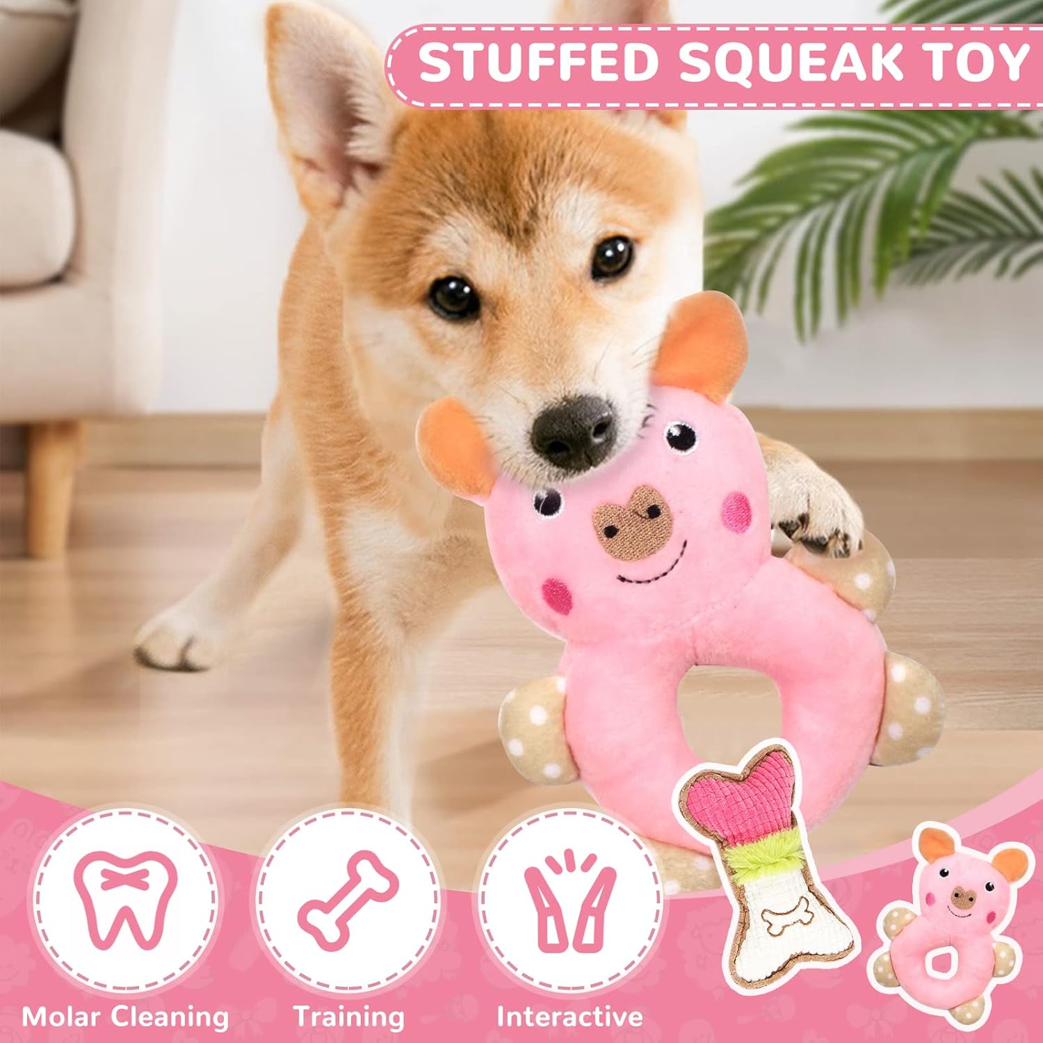 6 Pack Puppy Toys for Teething Small Dogs, Cute Pink Dog Chew Toys for Puppies, Soft Squeaky Dog Toys for Small Breed Cleaning Doggy Teeth, Outdoor Interactive Small Dog Chew Toys Set - Image 2