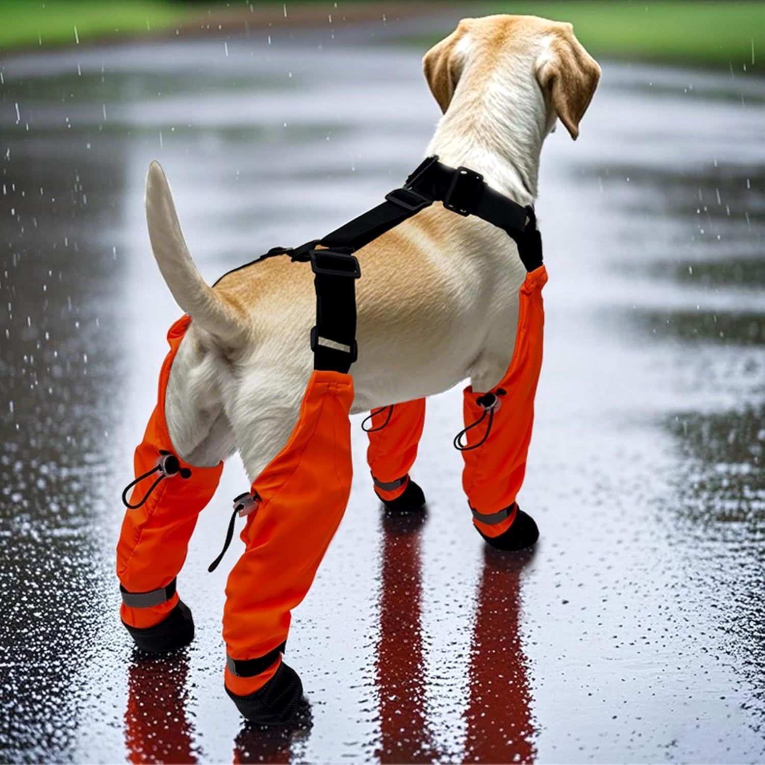 Dog Suspender Boots, Waterproof Tall Dog Rain Booties, Anti-Dirt Pet Legging Boots Paw Protector 4-Legged Shoes, Adjustable Snow Pants with Boot for Medium Large Dogs Outdoor Walking Hiking(S,Orange) - Image 7